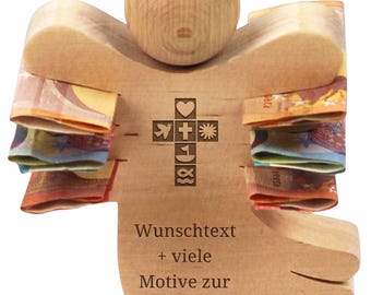 Holzengel mit Gravur - Geldgeschenk Figur aus Holz - Engel als Geschenk zu Kommunion, Konfirmation, Geburtstag, Hochzeit