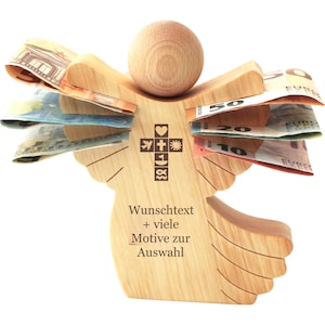 Holzengel mit Gravur Geldgeschenk Figur aus Holz Engel als Geschenk zu Kommunion, Konfirmation, Geburtstag, Hochzeit Bild 2