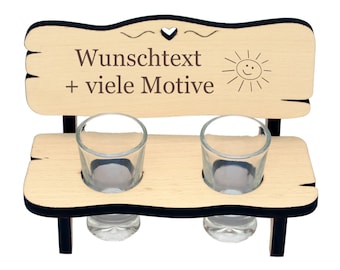 Schnapsbänkle mit Gravur - personalisierte Holz Schnapsbank mit 2 Gläser + Name, Spruch, Motiv - Geschenkidee zur Hochzeit, Geburtstag