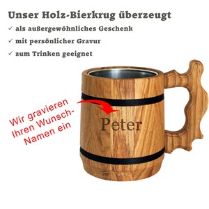 Holz Bierkrug personalisiert mit Edelstahl Becher 0,5 L Gravur mit Name und Motiv als Geschenk zu Vatertag, Weihnachten, Geburtstag uvm. Bild 4