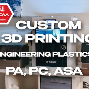 May include: A Qidi 3D printer sits between a filament dryer and a Creality unit. The text CUSTOM 3D PRINTING ENGINEERING PLASTICS PA, PC, ASA is overlaid. A red and white logo with 3D VEM PRINTING is in the top left corner of the image.