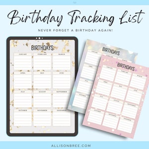 Geburtstags-Tracking-Liste | Stammliste | Kalender| Planung | Sofortdownload | Druckbar | Notizen | Vorstellung | PDF und PNG Dateien