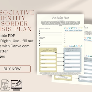May include: A printable PDF crisis plan for dissociative identity disorder. The document includes sections for emergency contacts, stressors and triggers, a behavior scale, coping skills and distractions, and what makes the user feel safe. The document is designed to be filled out online using Canva.com.
