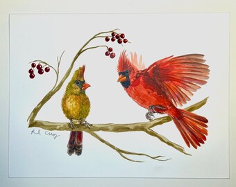 Northern Cardinals Watercolor Wildlife Print | "Hello Again"