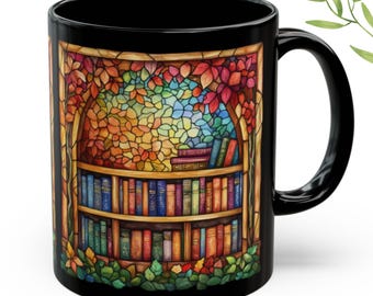 Mug bibliothèque en vitrail - Tasse à café florale livresque