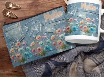 Mini Clutch Bag, 2 set denim mini bag Denim Bag Trendy Blue Jeans, , personalized purse for mom, personalized mug gift set, Matching mug Bag