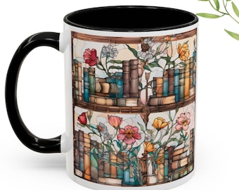 Tasse à café florale d'étagère, cadeau pour les amoureux des livres