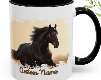 Black Horse Coffee Mug, Equestrian Gift, Custom Name Option