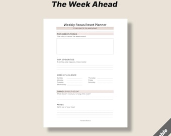 Weekly Focus Reset Planner Printable, Minimal Weekly Planner, Calm Productivity Worksheet, Digital Download
