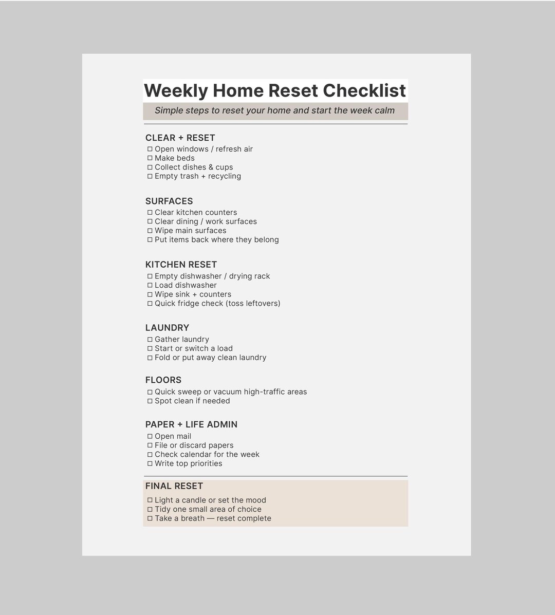 Sunday Reset Clean Checklist.pdf Weekly Home Reset Checklist Printable, Sunday Reset Planner, Simple ...