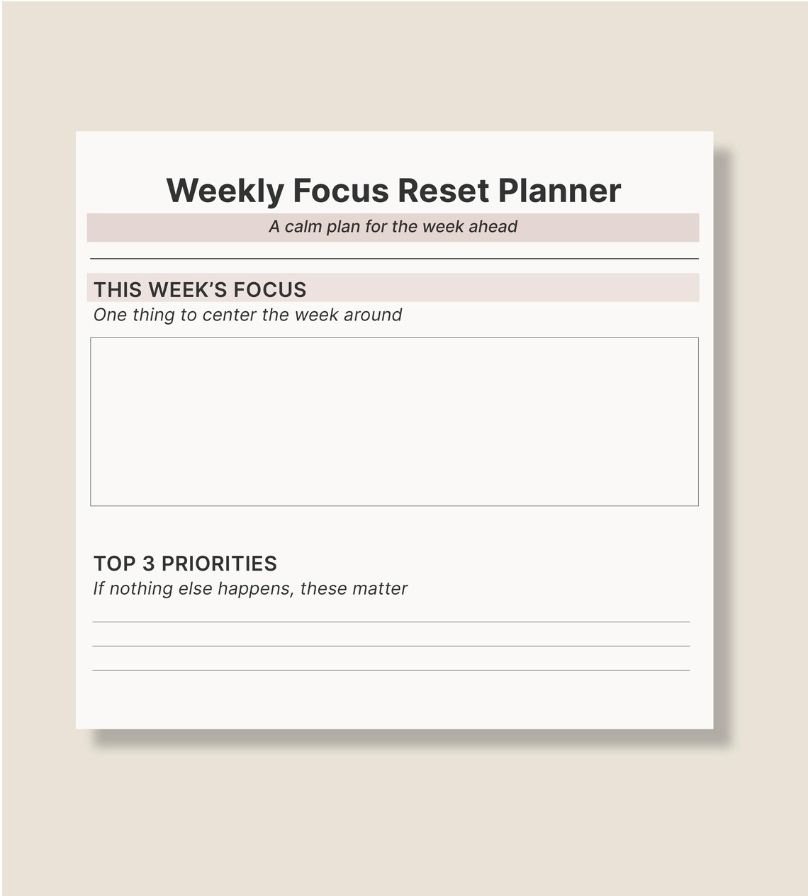 Weekly Writing Focus Weekly Focus Reset Planner Printable, Minimal Weekly Planner, Calm ...