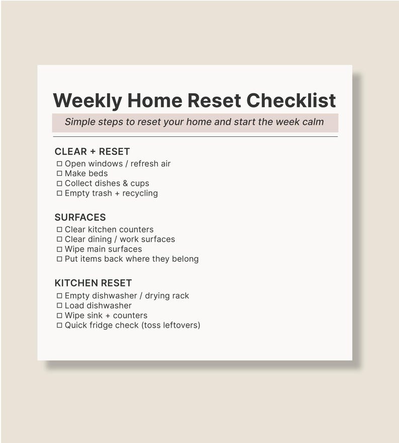 Weekly Home Reset Checklist Printable, Sunday Reset Planner, Simple ...