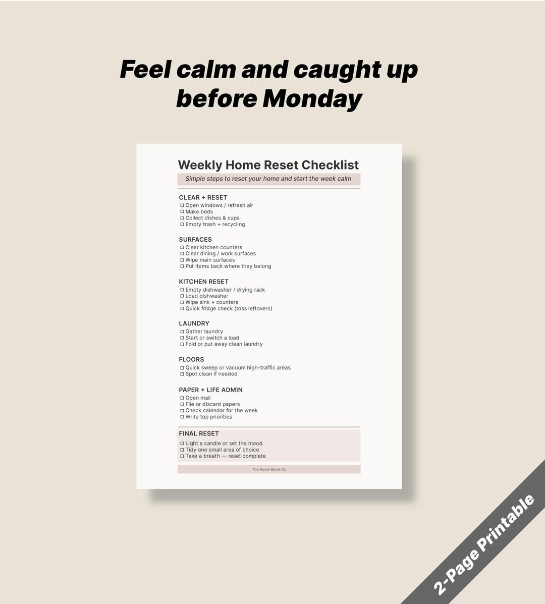 Sunday Reset Clean Checklist.pdf Weekly Home Reset Checklist Printable, Sunday Reset Planner, Simple ...