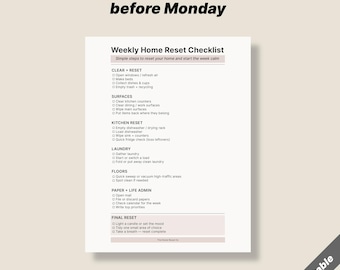 Weekly Home Reset Checklist Printable, Sunday Reset Planner, Simple Cleaning Routine, Digital Download