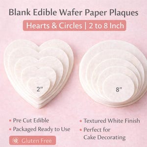 Op de afbeelding: Eetbare waferpapierplaten in hart- en cirkelvormen. De hartvormen variëren van 5 cm tot 20 cm. De cirkels zijn 20 cm. De tekst op de afbeelding luidt "Blank Edible Wafer Paper Plaques Hearts & Circles | 2 to 8 Inch".