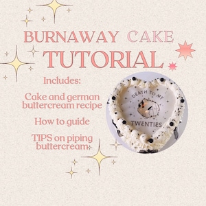Op de afbeelding: Een tutorial getiteld "Burnaway Cake Tutorial" met tekst die een cake- en botercrèmerecept, een handleiding en tips voor het spuiten van botercrème bevat. Een hartvormige cake met de woorden "Death to my Twenties" is afgebeeld.