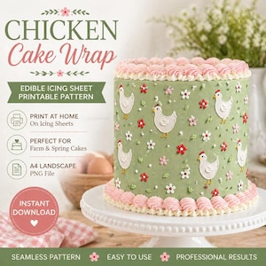 Envoltorio para pastel de pollo imprimible A4 horizontal PNG Lámina de glaseado comestible Diseño Patrón de pastel de granja Envoltorio para pastel de primavera Descarga instantánea