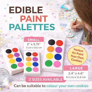 Può includere: Palette di vernice commestibile in due dimensioni, piccola (5 cm x 9,6 cm) e grande (6,1 cm x 11,8 cm). Ogni palette contiene punti di vernice commestibile colorati. Il testo recita "Edible Paint Palettes" e "Can be suitable to colour your own cookies."