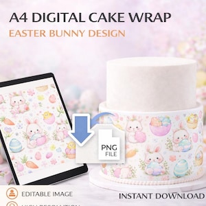 May include: A digital cake wrap with an Easter bunny design. The cake wrap features illustrations of bunnies, eggs, and carrots. The image includes a tablet displaying the design and a cake with the wrap applied.