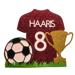 Topper per torta a forma di maglia da calcio personalizzata, sport, sostenitore, nome personalizzato, compleanno, torta per uomo, compleanno per bambini, festa del primo compleanno