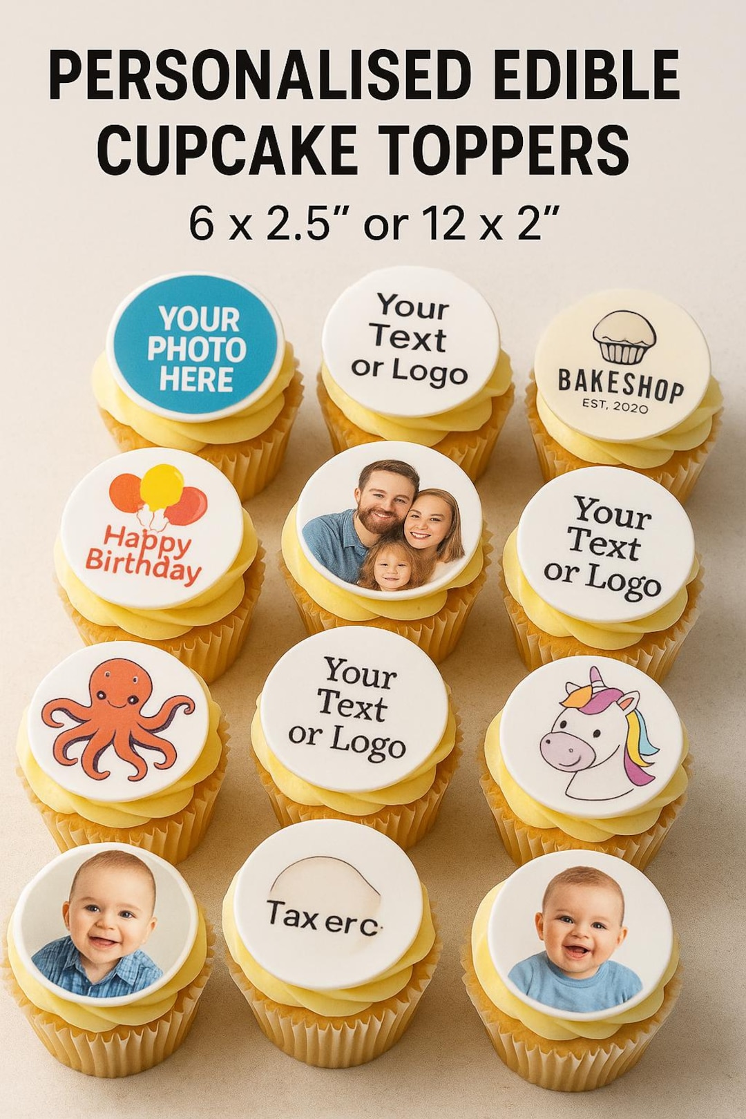 Personalised Cupcake Toppers Pre-cut | 6 × 2.5″ or 12 × 2″ | Edible ...