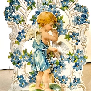 Tarjeta en relieve tridimensional emergente de San Valentín de principios del siglo XX, rara, con Cupido/Querubín en azul, fabricada en Alemania*