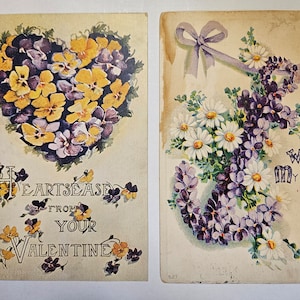 Cartoline di San Valentino (2), prodotte durante la prima guerra mondiale, cuore floreale e ancora *