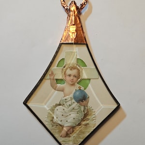Décorations victoriennes de Dresde, religieuses, faites main, uniques, uniques en leur genre, bel Enfant Jésus dans un cadre en verre biseauté *