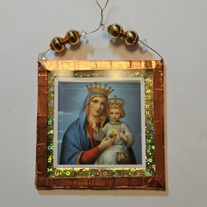 Antica carta di preghiera religiosa fatta a mano "scarti" - "Maria e Bambino incoronati/Cuore Sacro", vetro smussato, lamina di rame, perline di vetro/cristallo *