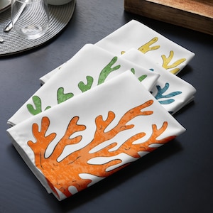 Coral Cloth napkin set, Coastal Napkin Set Beach House Napkins, Nautical and ocean themed table setting, Reusable coastal table napkins