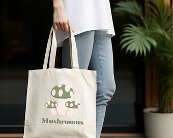 Mushroom Tote Bag, 100% Cotton Shopper, Cottagecore Book Bag