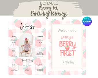 Strawberry Birthday Milestone Board Template, Berry First Party Theme, Sweet One, 1st Birthday Milestone Sign, Editable Poster, Red Pink