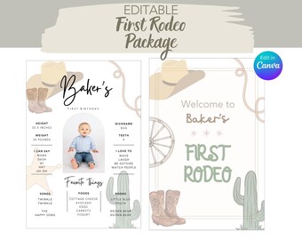 Erstes Rodeo 1. Geburtstags-Meilensteinplakat, mein erstes Jahr Cowboy-Geburtstags-Meilensteinbrett, erste Rodeo-Geburtstagsfeier bearbeitbare Vorlage,