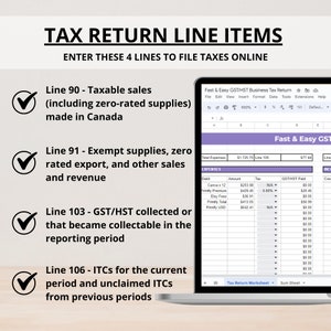 May include: A laptop computer screen displaying a tax return worksheet with checkmarks next to the lines for taxable sales, exempt supplies, GST/HST collected, and ITCs. The worksheet is titled "Fast & Easy GST/HST Business Tax Return".