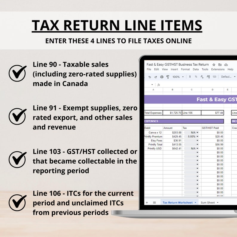 May include: A laptop computer screen displaying a tax return worksheet with checkmarks next to the lines for taxable sales, exempt supplies, GST/HST collected, and ITCs. The worksheet is titled "Fast & Easy GST/HST Business Tax Return".