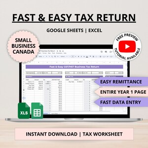 Puede incluir: Una pantalla de port&aacute;til muestra una hoja de c&aacute;lculo de declaraci&oacute;n de impuestos con el texto "Fast & Easy Tax Return." El texto incluye "Small Business Canada," "Google Sheets | Excel," y "Instant Download | Tax Worksheet." Tutorial de YouTube disponible.