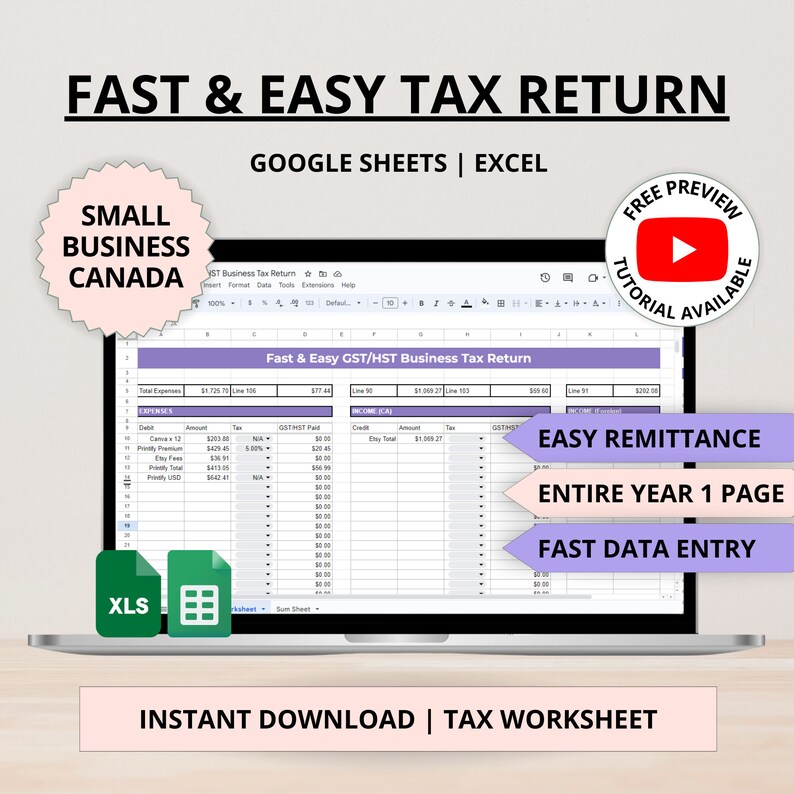 Puede incluir: Una pantalla de port&aacute;til muestra una hoja de c&aacute;lculo de declaraci&oacute;n de impuestos con el texto "Fast & Easy Tax Return." El texto incluye "Small Business Canada," "Google Sheets | Excel," y "Instant Download | Tax Worksheet." Tutorial de YouTube disponible.