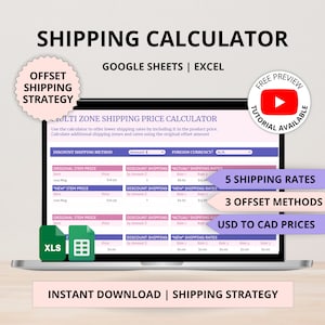 Może przedstawiać: Ekran laptopa wyświetla interfejs kalkulatora wysyłki. Tekst zawiera "Kalkulator wysyłki", "Google Sheets | Excel" i "Kalkulator cen wysyłki wielostrefowej". Dodatkowy tekst podkreśla "5 stawek wysyłki", "3 metody offsetowe" i "Ceny USD do CAD".