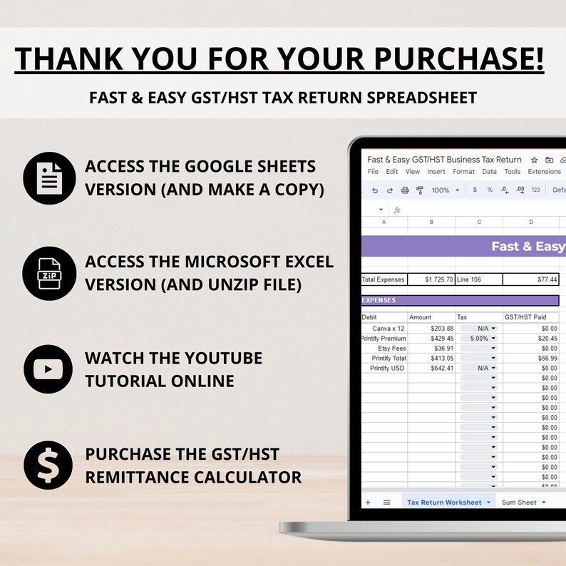 May include: A laptop computer screen displaying a spreadsheet with the title "Fast & Easy GST/HST Business Tax Return". The spreadsheet is divided into columns with headings such as "Debit", "Amount", "Tax", and "GST/HST Paid". The screen also shows a document icon with the text "Access the Google Sheets Version (and make a copy)", a zip file icon with the text "Access the Microsoft Excel Version (and unzip file)", a play button with the text "Watch the Youtube Tutorial Online", and a dollar sign with the text "Purchase the GST/HST Remittance Calculator".