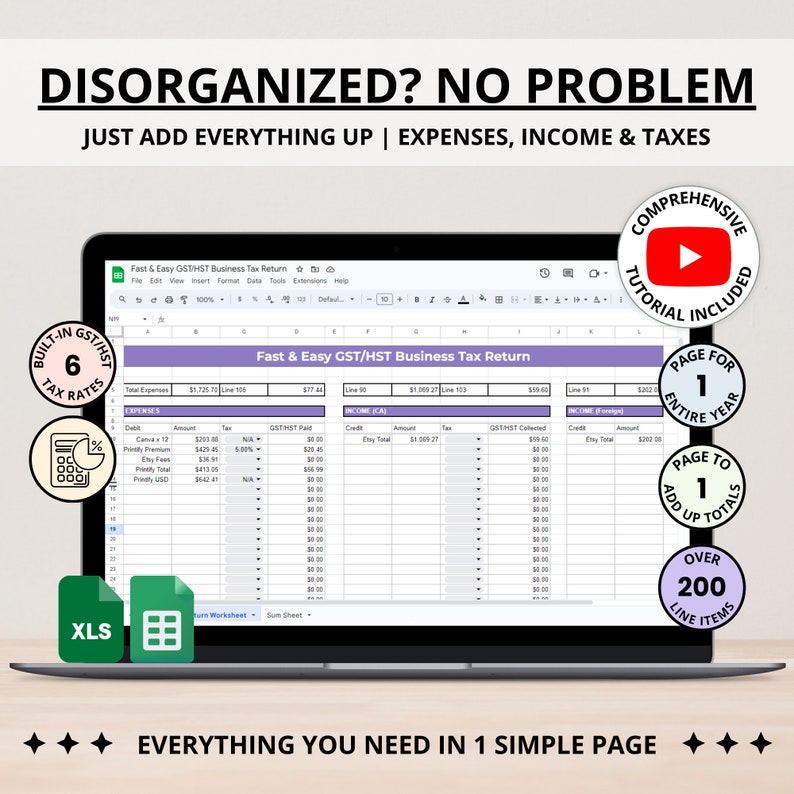 May include: A laptop computer screen displaying a spreadsheet with the title "Fast & Easy GST/HST Business Tax Return". The spreadsheet is divided into two sections: "Expenses" and "Income (CAL)". The spreadsheet has over 200 line items and includes a tutorial video.