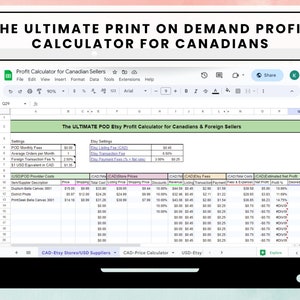 May include: A laptop computer screen displaying a spreadsheet titled "The ULTIMATE POD Etsy Profit Calculator for Canadians & Foreign Sellers". The spreadsheet contains columns for product description, price, shipping, total cost, store prices, discounts, revenue, listing fees, transaction fees, payments, fees & expenses, net profit, profit %, and desired profit. The spreadsheet is designed to help Etsy sellers calculate their profits from print-on-demand products.