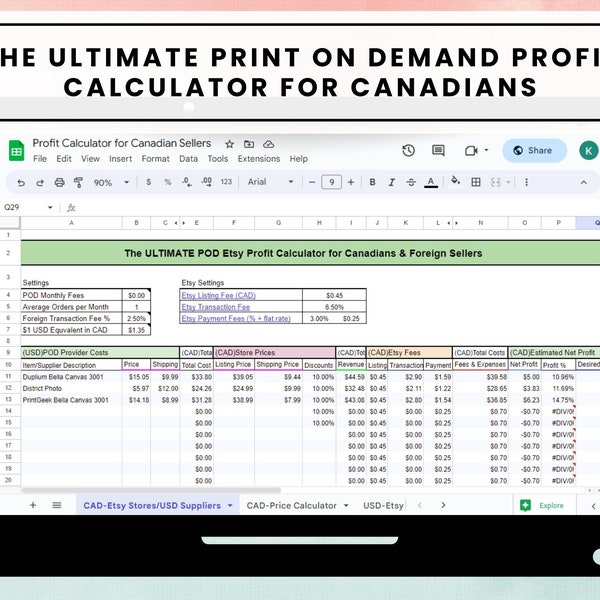 Ultimate CANADIAN Print on Demand Profit Calculator Pricing Tool with Currency Conversion