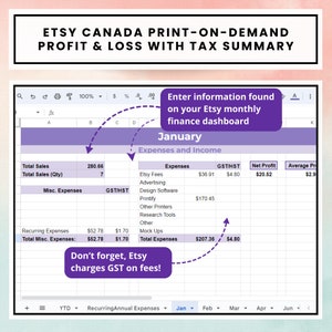 Puede incluir: Una captura de pantalla de una declaraci&oacute;n de ganancias y p&eacute;rdidas de Etsy Canad&aacute; bajo demanda con un resumen de impuestos. La hoja de c&aacute;lculo muestra las ventas, los gastos y la ganancia neta de enero. Las burbujas de texto resaltan informaci&oacute;n clave y recordatorios sobre las tarifas de Etsy.