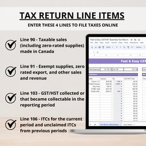 Puede incluir: Una pantalla de port&aacute;til muestra una hoja de c&aacute;lculo de declaraci&oacute;n de impuestos titulada "TAX RETURN LINE ITEMS". La imagen detalla cuatro l&iacute;neas para la presentaci&oacute;n de impuestos en l&iacute;nea, con una hoja de c&aacute;lculo visible.