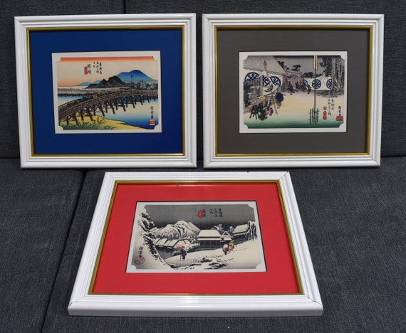 Three Woodblock Prints (#48 Seki, #16 Kanbara, #39 Okazaki) From