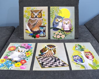 Set of 5 Psychedelic Owls Lithographs by Artist K. Chin