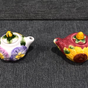 Two Vintage Ceramic Miniature Hand-painted Tea Pots with Flowers and Sunflower.