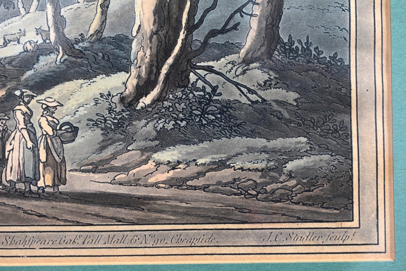 May include: An antique print of a woodland scene with two women and a flock of sheep. The women are dressed in long skirts and bonnets. The print is in shades of brown, green, and gray. The text at the bottom reads "Shakespeare Ink. Pall Mall & N.&ordm; 90. Cheapside. J.C. Stadler, sculp."