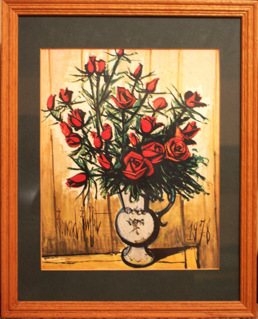 ベルナール・ビュッフェ、【Roses,vase bleu et blanc】 Yahoo!オークション - ベルナール・ビュッフェ 【Roses vase