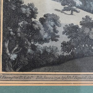 May include: A black and white engraving of a landscape with trees and a hill. The engraving is titled "J. Farrington R.A. delt. Pub. June 1. 1795, by J.&J. Boydell Shakespeare Gallery."
